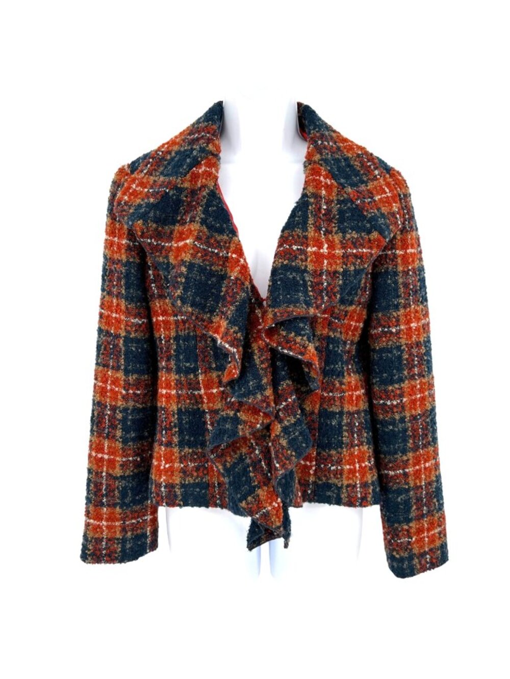 Anthropologie Tabitha Moretown Orange Blue Plaid Ruffle Blazer Jacket Size 2